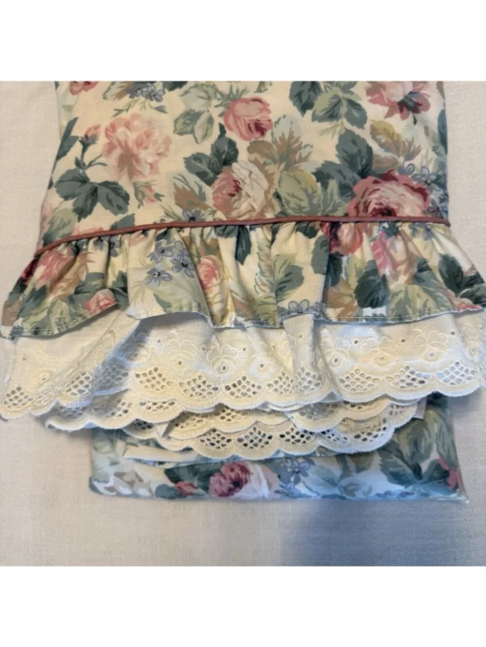 Vtg Floral Croscill 3 Piece Set - Twin Fitted Flat Pillow Sham Cover CottageCore